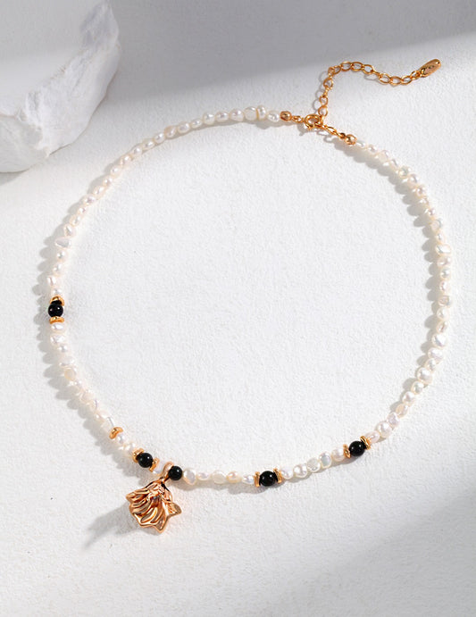 "Dance" series Sterling silver/Gold  pearl and agate necklace